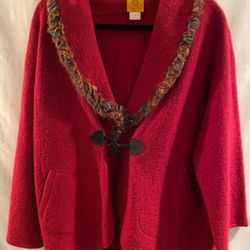 medium Ruby Rd Red poncho-like jacket with colorful fringe detail ladies womens
