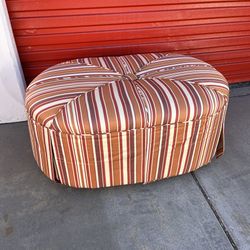 Oval Ottoman / Pouf In Striped Earth Tone Fabric 43"x29"x22"