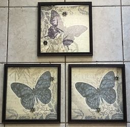Set of 3 Butterfly 13” x 13” Cherry Wood Framed Wall Hangings NEW!