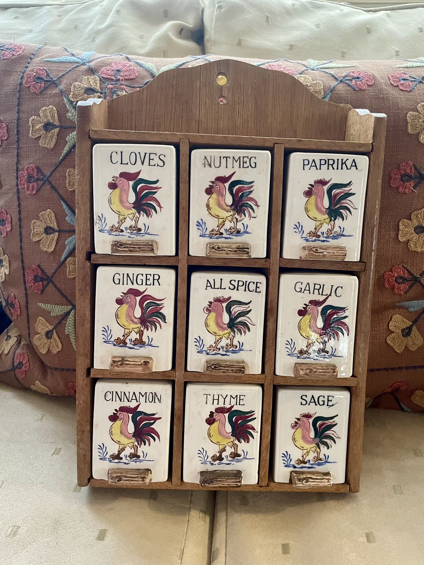 Vintage Fred Roberts Ceramic/Wood Rooster Spice Rack