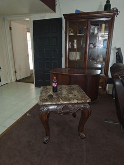 Marble Top End Table with Carved Wood Base