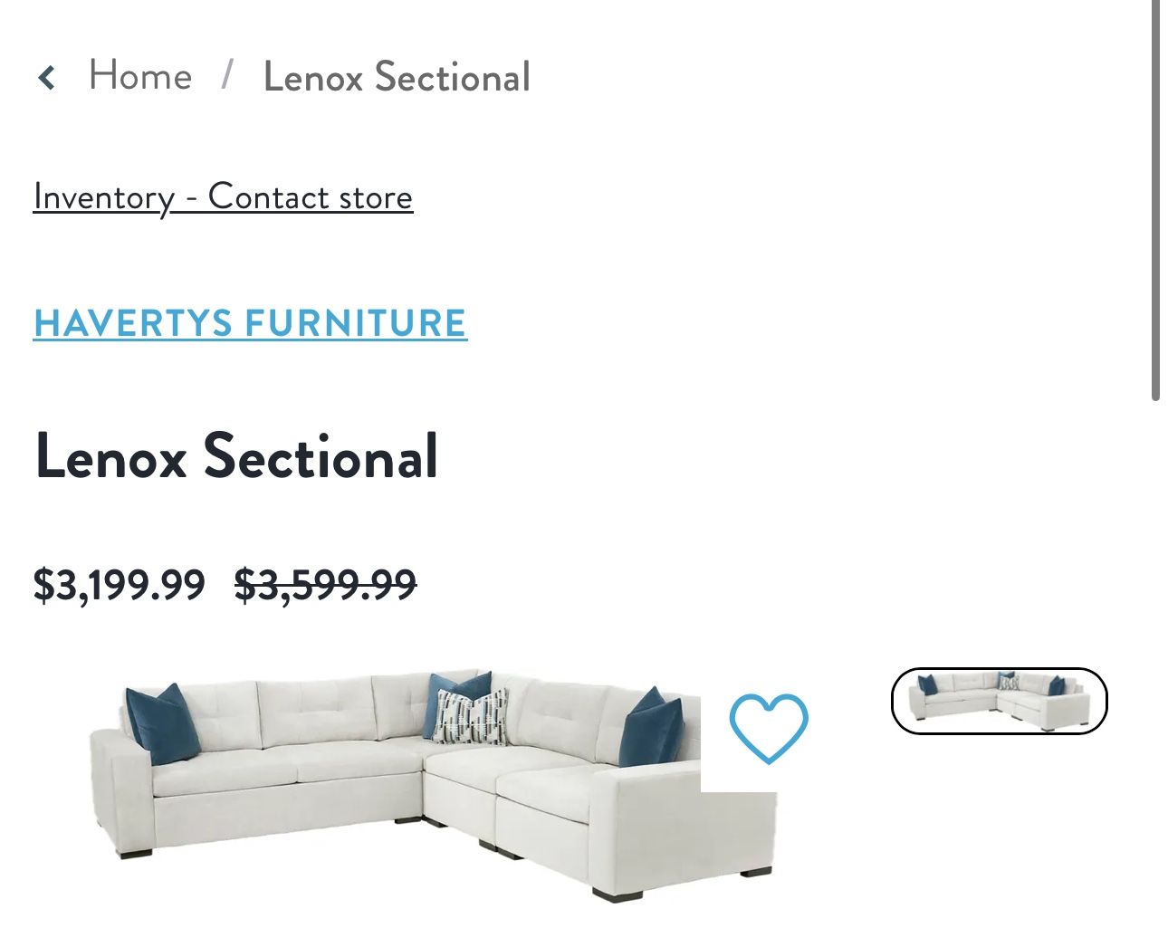 Haverty’s Light Grey Lenox Sectional Couch W/ Storage Ottoman