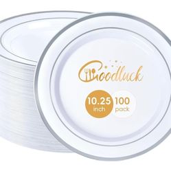 100PCS Silver Plastic Plates, 10.25 Inch Dinner Plate with Silver Rim, Heavy Duty Disposable Plastic Plates for Party, Wedding, Birthday
