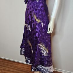Purple Silk Midi Wrap Skirt w/ Gold Floral Detail Made In India Size S/M