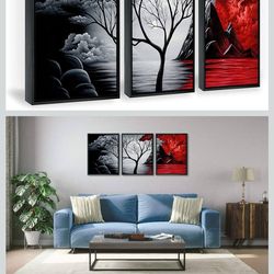 Wieco Art Framed Wall Art the Cloud Tree Wall Art HD print of Oil Paintings Landscape Canvas Prints for Home Decorations, 3 Panels with Black Frames