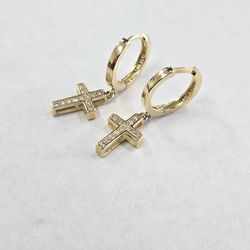 14kt Gold CZ Stone Cross Hoops 