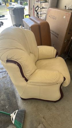 Cream Leather Armchair with Wood Trim