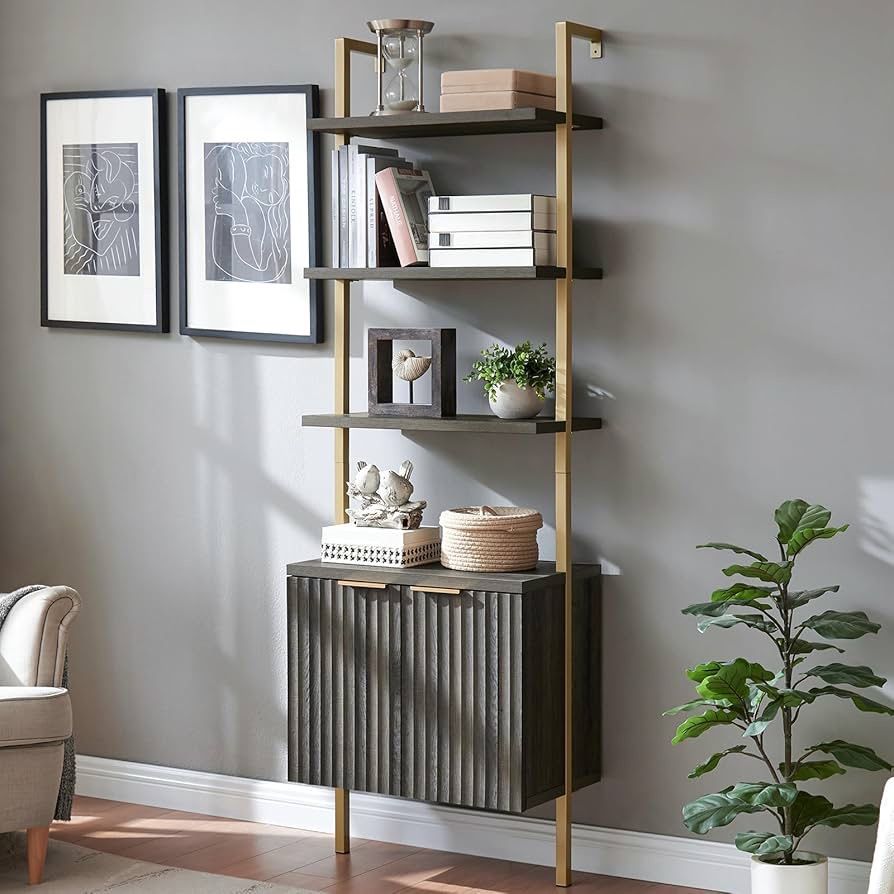 Oxford Bookshelf, Ladder 5 Tier Open Bookshelf, Tall Book Shelf with Cabinet, Wall Mount Bookshelves with Display Rack, Bookcase with Shelves for Bedr