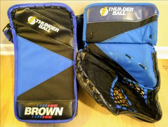 JOHN BROWN THUNDERBALL MATCHING HOCKEY GOALIE BLOCKER & CATCHER!!! EXTREMELY RARE!!! MADE IN CANADA!!! DON'T MISS OUT!!! 🥅⚡🏆🇨🇦🖤💙❤️🤍😍