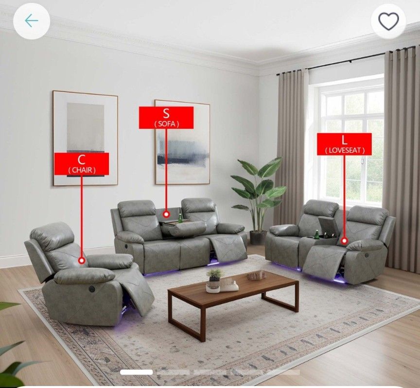 Grey Breathing Leather 3 PCs Sofa Set