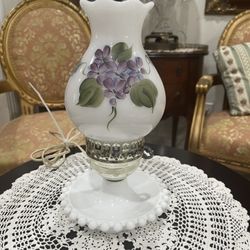 Beautiful Vintage Hand-Painted White Milk Glass Hurricane Lamp With a Hobnail Base🌷