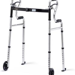 3 in 1 Folding Walker with 5” Front Wheels by Health Line Massage Products, Width Adjustable Compact Standard Walker Support Up to 350lbs, Quick Foldi