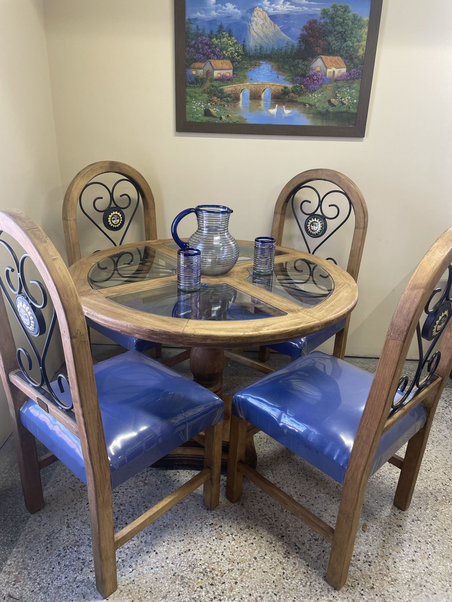 New Wood & Wrought Iron Kitchen Table 4 Chairs Artisan Made Mexico 