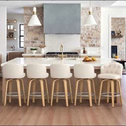 Set of 5 Swivel Bar Stools, 26" Counter Height PU Leather Bar Stool with Walnut Wooden Legs & Back,