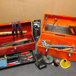 Vintage Tool Boxes With Various Mechanic Tools 
