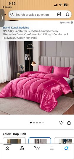 4PC Silky Satin Queen Comforter Set: 1 Comforter, 2 Pillowcases, 1 Fluffy Round Pillow. Queen Size. Hot Pink.