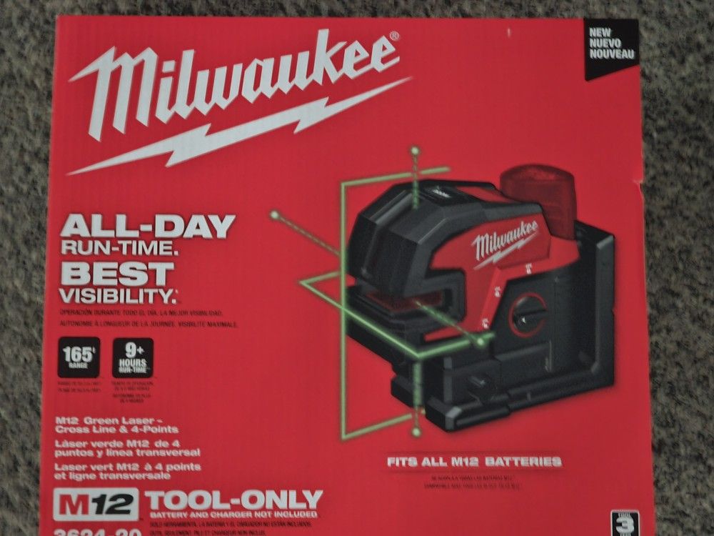 M12 12-Volt Lithium-Ion Cordless Green Cross Line and 4-Points Laser (Tool Only)