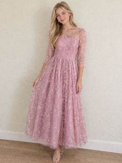 Princess Elegant Dusty Pink Floral Lace Splicing Mesh A-Line Dress Luxury Embellished Size 170