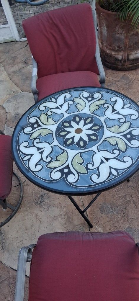 Beautiful Outdoor 4 aluminum chairs cushions & glastop foldup portable table set umbrella sold separately Pool Deck Balcony Patio Porch Lawn Card