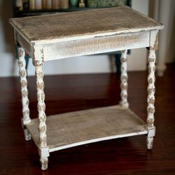 Distressed cute white side end table or nightstand with shelf and turned wood spindle legs farmhouse
