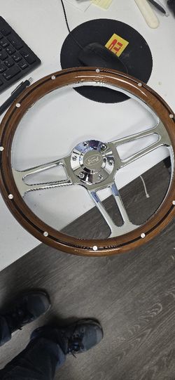 14" Wood Chrome Steering Wheel 6 Bolt With FORD Horn