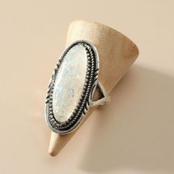Vintage Bohemian Style Jewelry White Opal & Antique Silver Oval Ring - Size 7.5