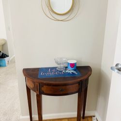 Wood Half Moon Console Table + Gold Wall Mirror – Entryway Set 