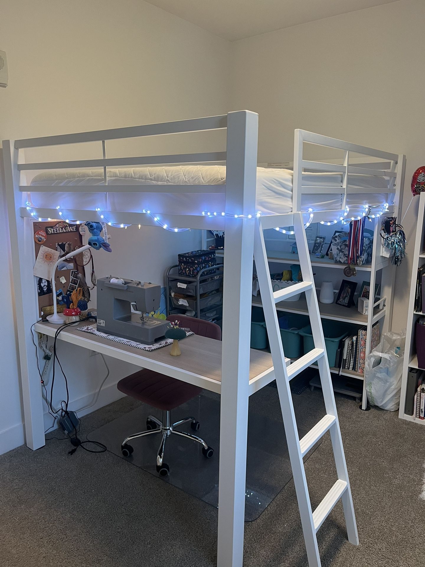 Full-Size White Loft Bed with Desk, Shelving & Memory Foam Mattress