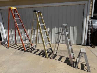 4 step ladders 300 lbs rated 8’ Sunset  Fiberglass 7’ Husky’ 5’ Aluminum with tool shelf 3’ no cracks good condition $200 cash in Upland 91784