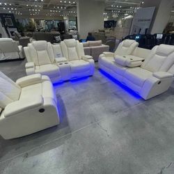 White 3PC Power Recliner Sofa With LED And Cup Holder 