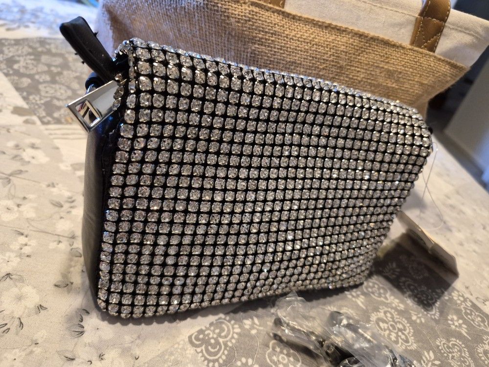 BLACK RHINESTONE BLING PURSE WITH STRAP