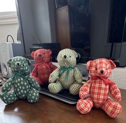 Lot of 4 Plush Fabric Teddy Bears Red/Green Plaid w/ Ribbon Bows, Beige