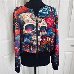 💀 New! Skull, Roses & Butterflies Bright Colored Crop Halloween Zipper Front Jacket Size Medium