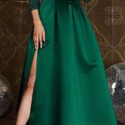 Emerald Green Satin Formal Dress, Elegant Prom Evening Wedding Guest Gown. XS