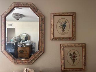 Vintage Floral Mirror & Matching Botanical Wall Art Set (3 Pieces)