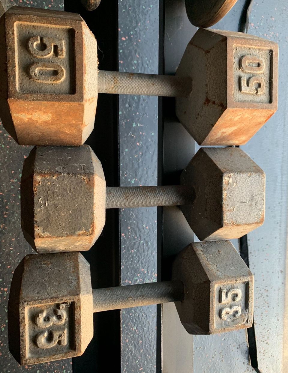 Dumbbells 2 Hex 35’s, 1 Hex 50, 1 Commercial 40