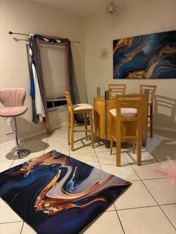 Chandelier , Dining room, painting, and rug, six barstools 4 color can change,