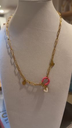 Gold Charm Necklace – Pink, Heart, Leaf & Clover