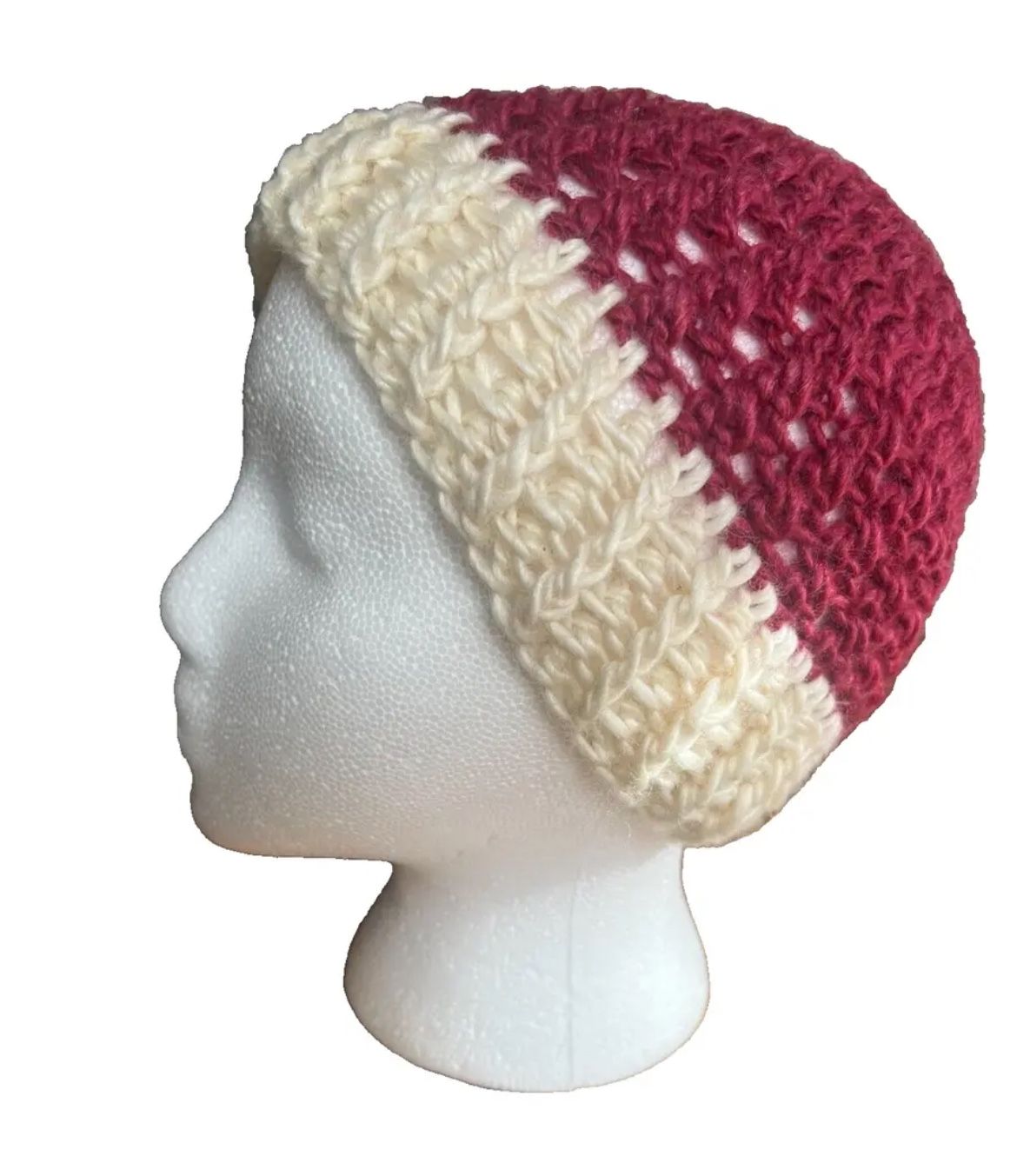 Vintage Handmade Crocheted Beanie Hat Fushia Pink/Off White 7"x8" Stretchable