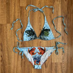 ED HARDY Vintage Y2K Rare Light Blue Koi Fish String Triangle Edgy Bikini Set