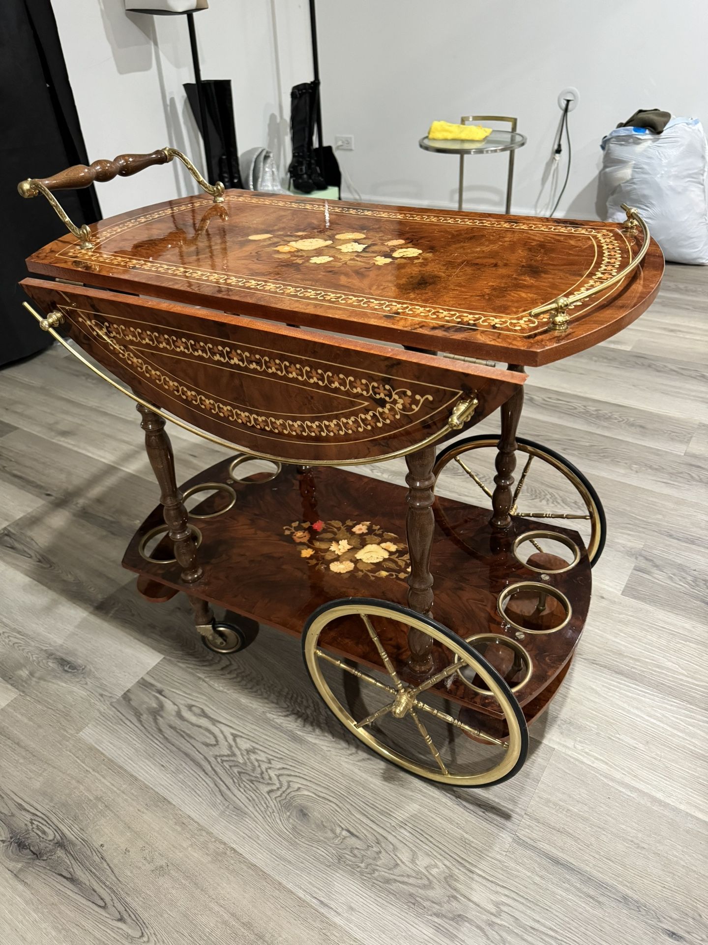Vintage Italian Marquetry Inlaid Wood Serving Bar Tea Cart With Wheels