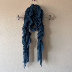 Women’s Teal  Blue Ruffled Crochet With Fringe Ends Fashion Scarf