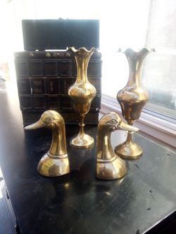 Pair 1950 patinated cast brass ducks