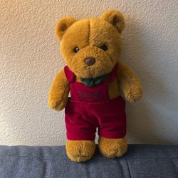 Brown bear with baby overalls.