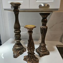 Fitz & Floyd Bronze Resin Tall Floor Pillar Candlesticks With Candles Set Of 3