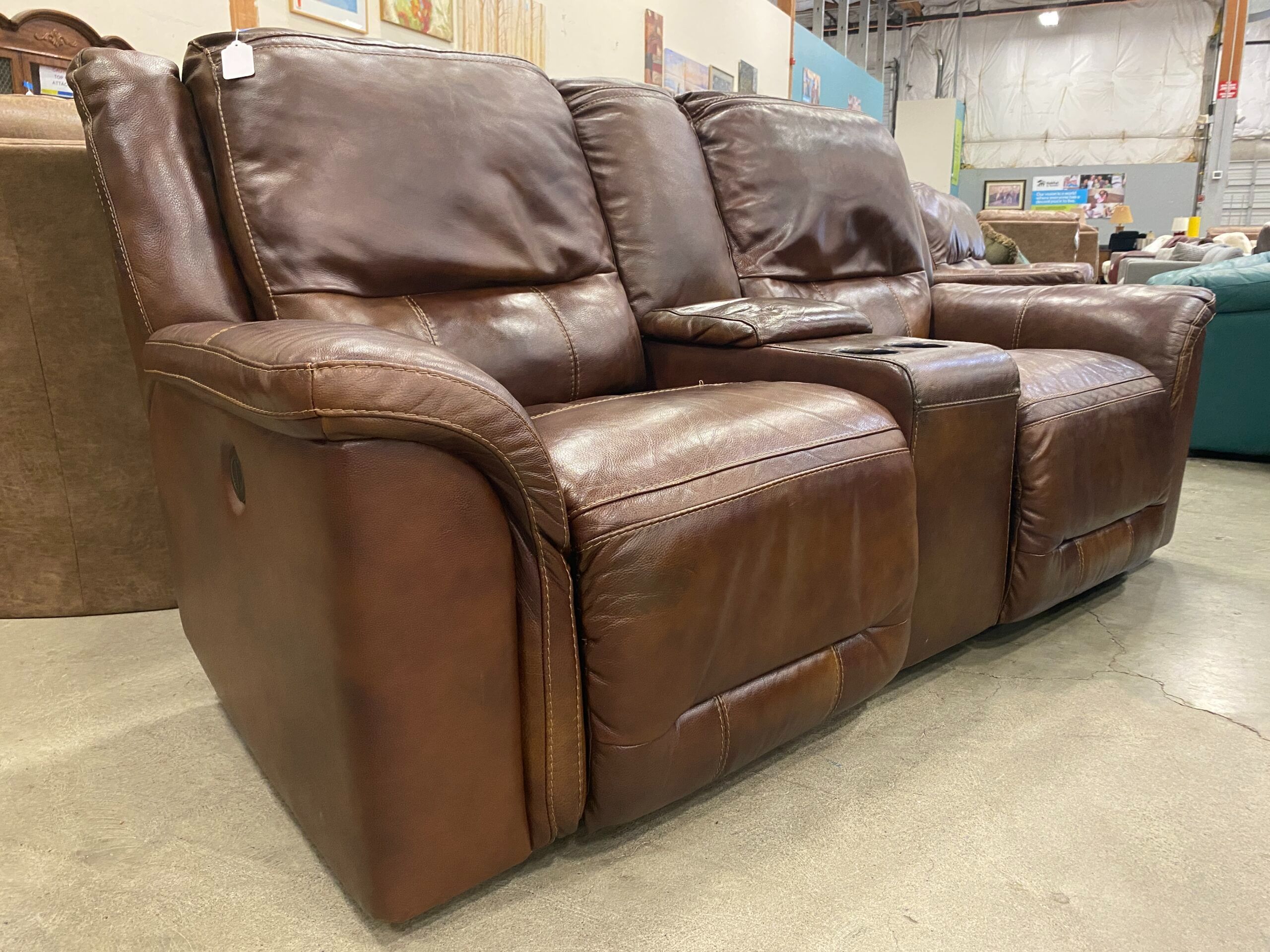 Chocolate Brown Leather Power Recliner Loveseat with Console