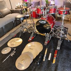 Pdp By DW 5pc Birch Drum set Complete New Heads Cymbals Stands Throne Double Bass Pedals 