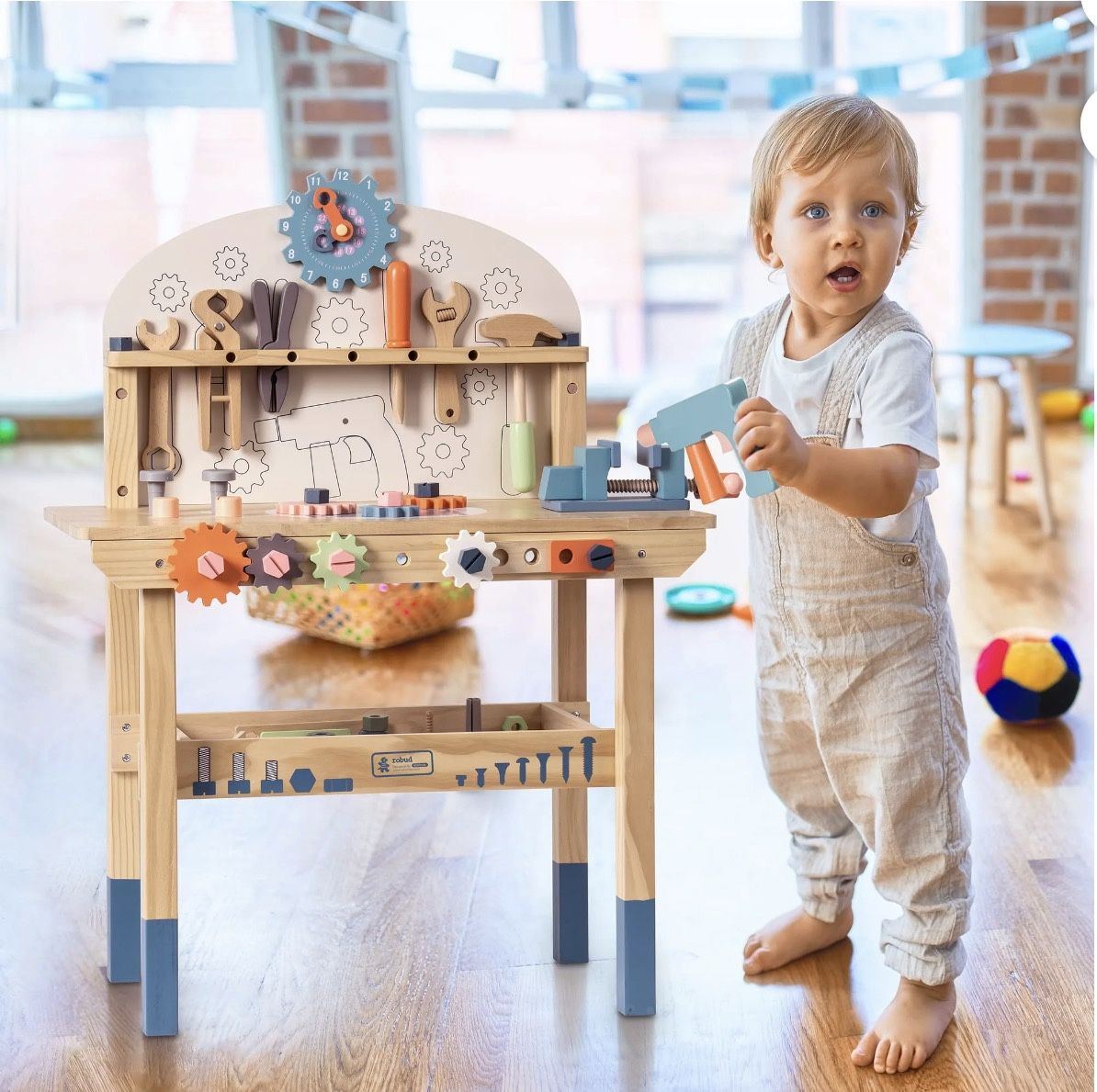ROBUD Large Wooden Play Tool Workbench Set for Kids Toddlers, Construction Workshop Tool Bench Toys Gift, Multicolor Amazon\'s