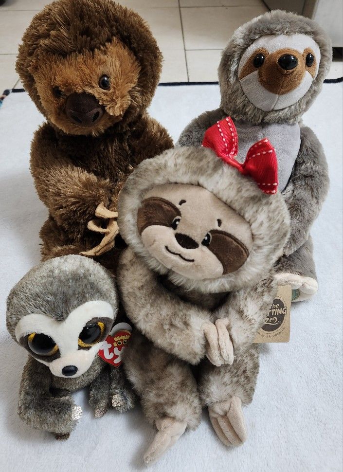 Lot of 4 Sloth Plushes, NWT & NWOT In Perfect Condition- B-A-B, Petting Zoo, Ty, Health Touch