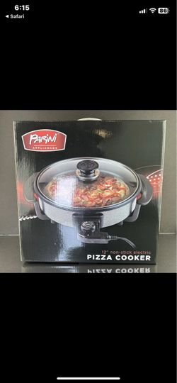 Parini 12" Nonstick Electric Pizza Cooker Countertop Pan w Glass Lid Black